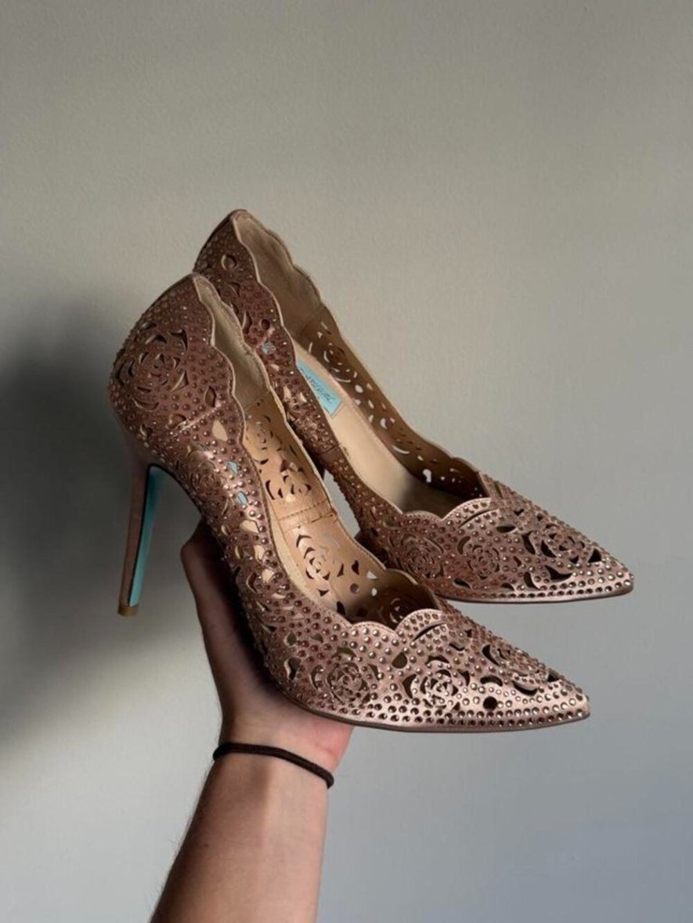 Betsey Johnson gold & brown rhinestones satin heels